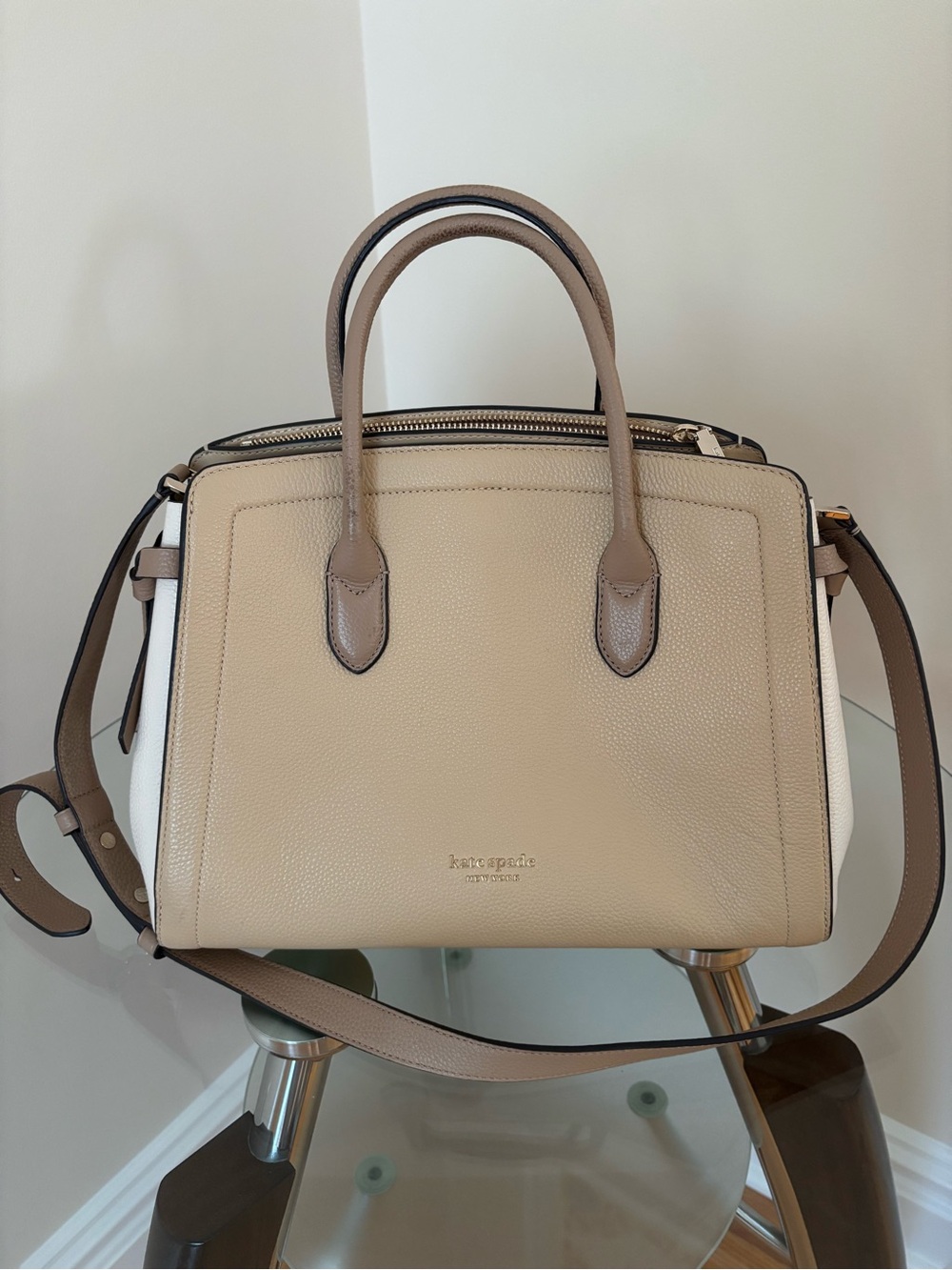 kate spade New York Pebbled Leather Satchel in Beige and White